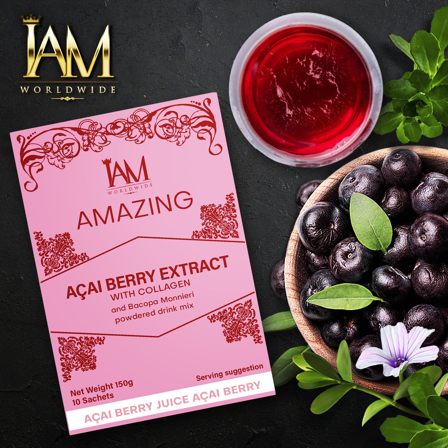 IAM Worldwide Açai Berry Extract with Collagen and Bacopa Monnieri - Net Wt 150g x 7 Sachets